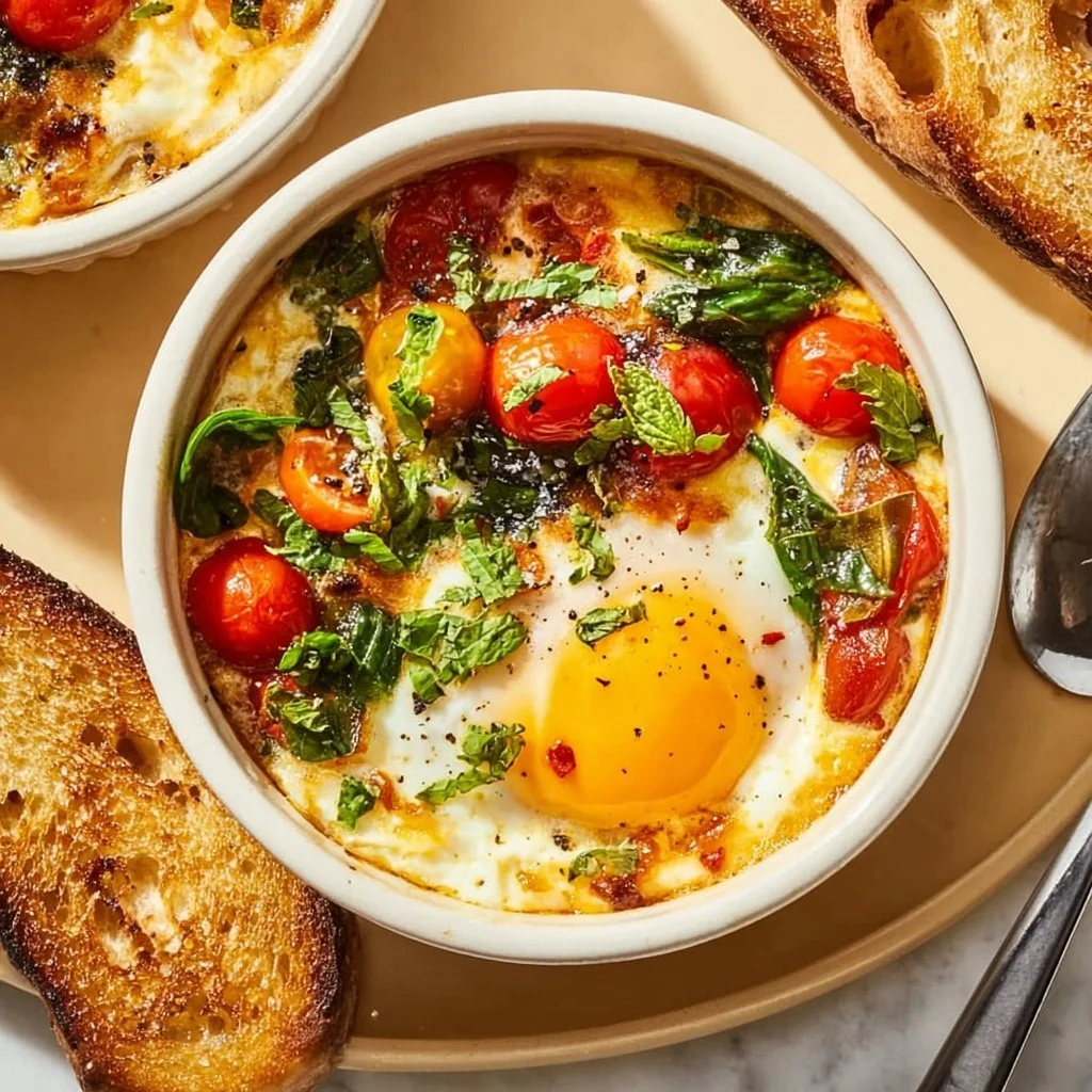 Delicious baked feta eggs with tomatoes and spinach served in a white dish