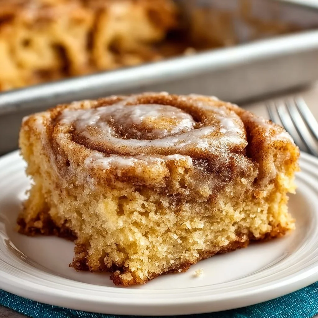 Deliciously baked Cinnamon Roll Cake topped with creamy icing
