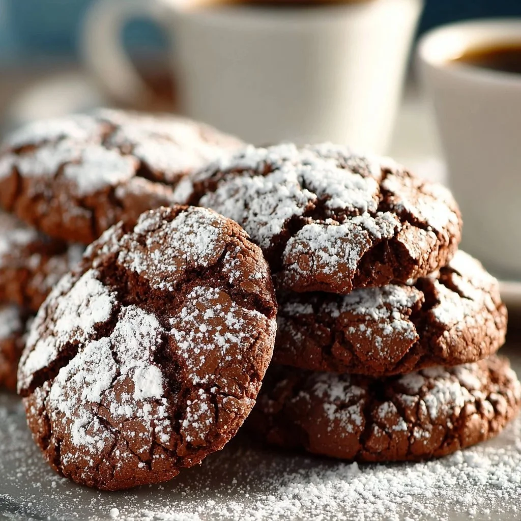 Mocha chocolate crinkle cookies dusted with powdered sugar on a baking tray
