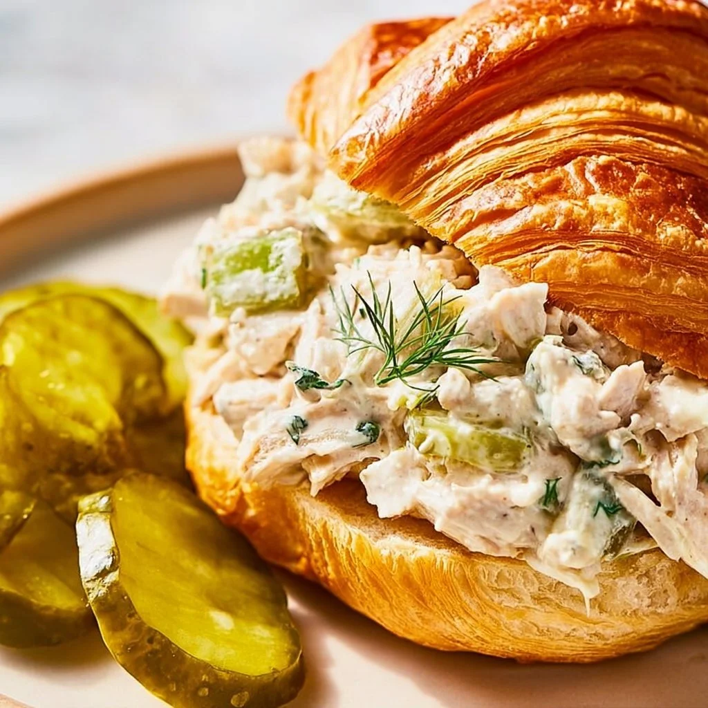 A bowl of flavorful dill pickle chicken salad garnished with fresh herbs.