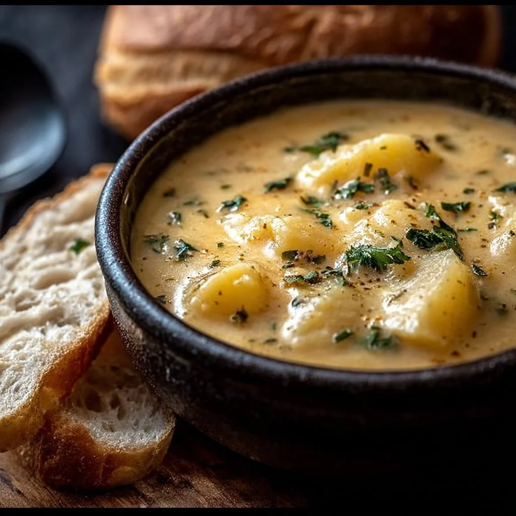 Bowl of hearty cheddar garlic herb potato soup topped with herbs and cheese