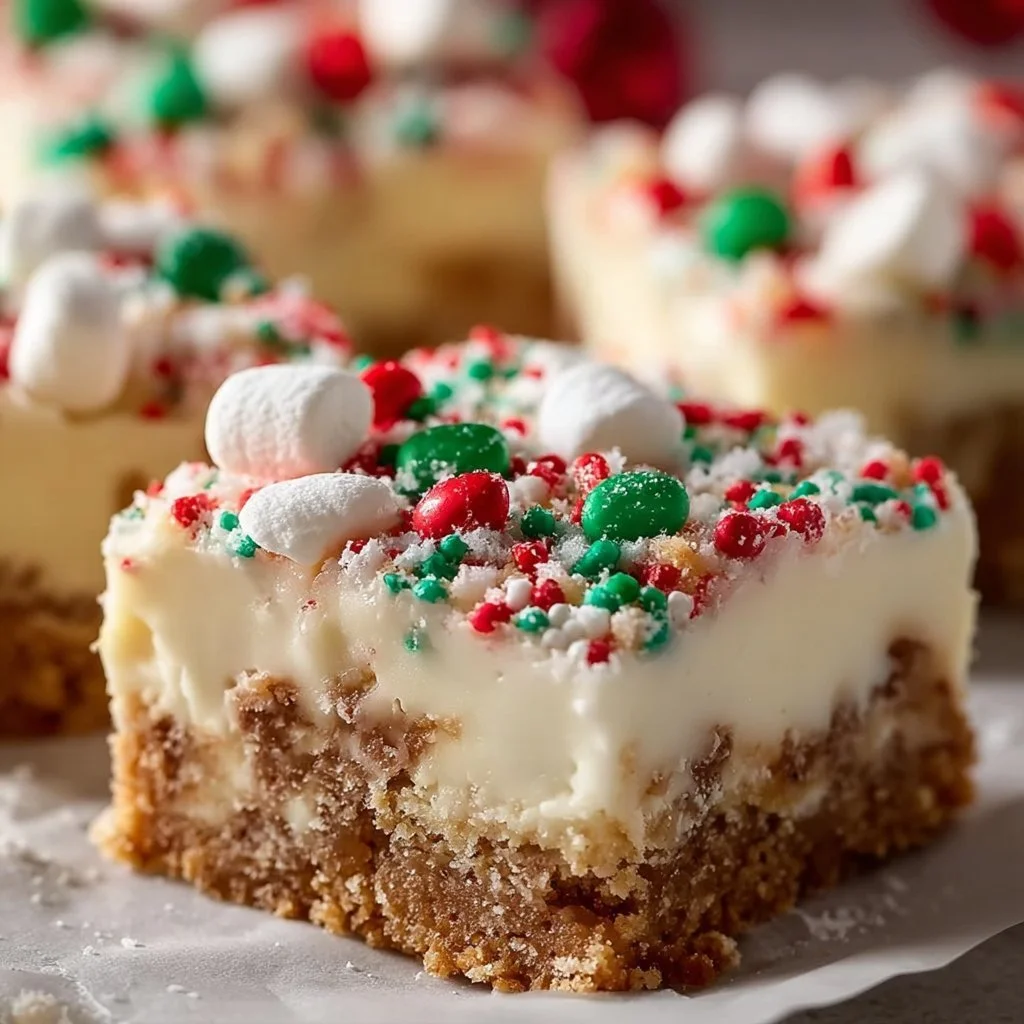 Santa's no-bake sugar cookie bars topped with colorful sprinkles and holiday decorations