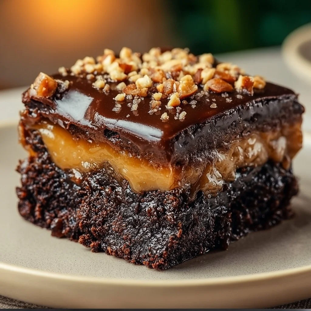Delicious chocolate caramel dump cake served on a plate with a drizzle of caramel sauce