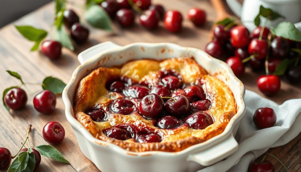 Clafoutis aux cerises servi dans un plat traditionnel