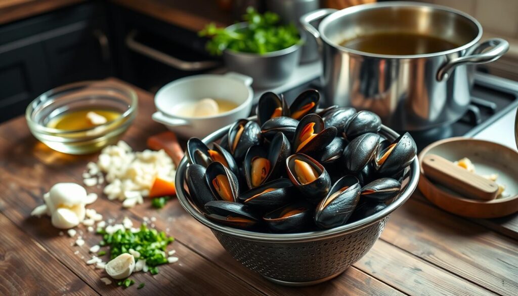 Préparation des moules marinières