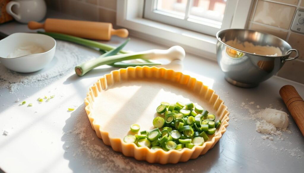 Préparation tarte aux poireaux