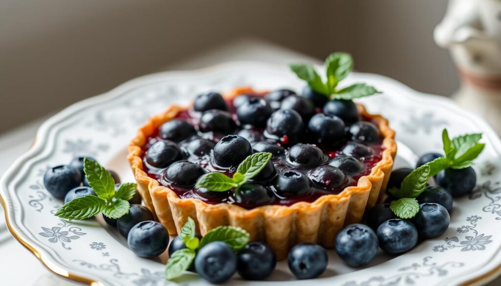 Tarte aux myrtilles servie avec élégance