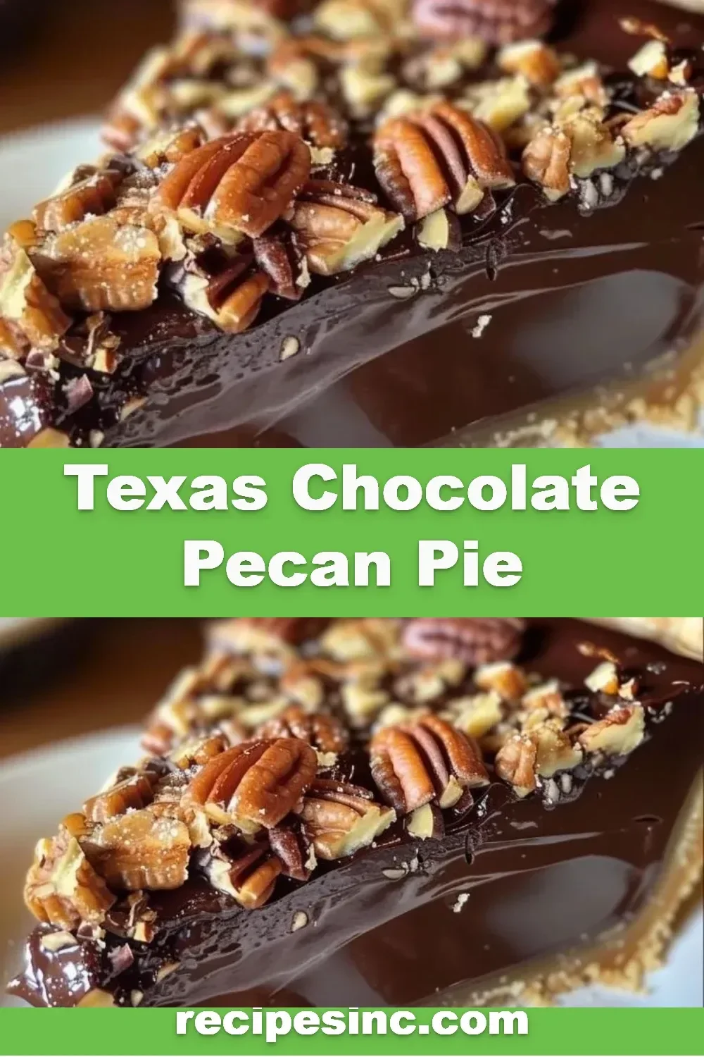 A slice of decadent Texas chocolate pecan pie topped with pecans and chocolate drizzle.